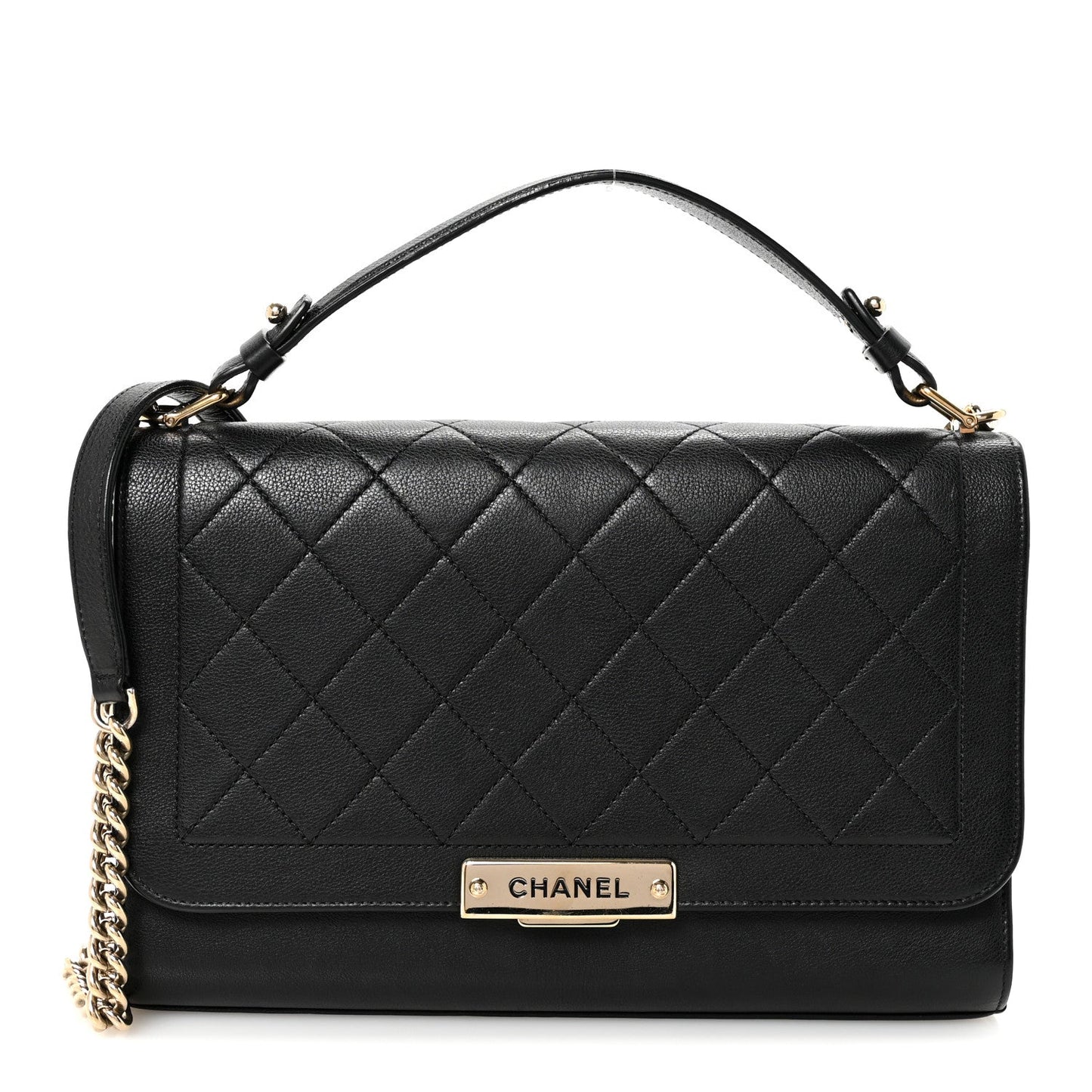 Grained Calfskin Quilted Large Label Click Flap Bag Black