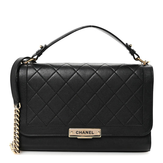 Grained Calfskin Quilted Large Label Click Flap Bag Black