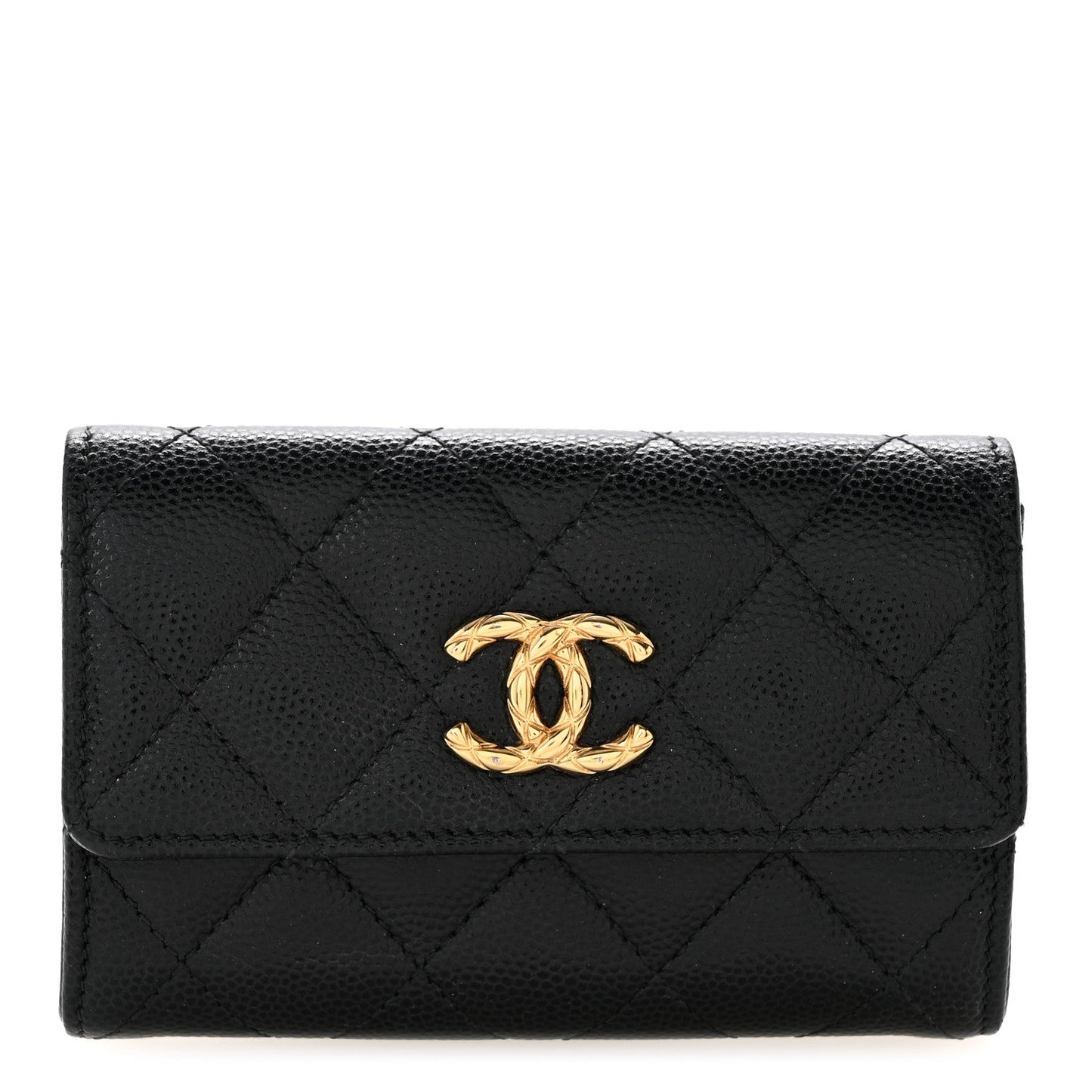 Caviar Quilted Chain CC Quilted Compact Flap Card Holder Black