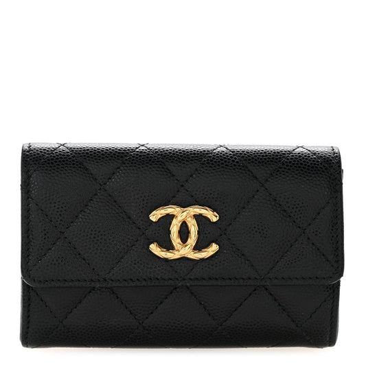 Caviar Quilted Chain CC Quilted Compact Flap Card Holder Black