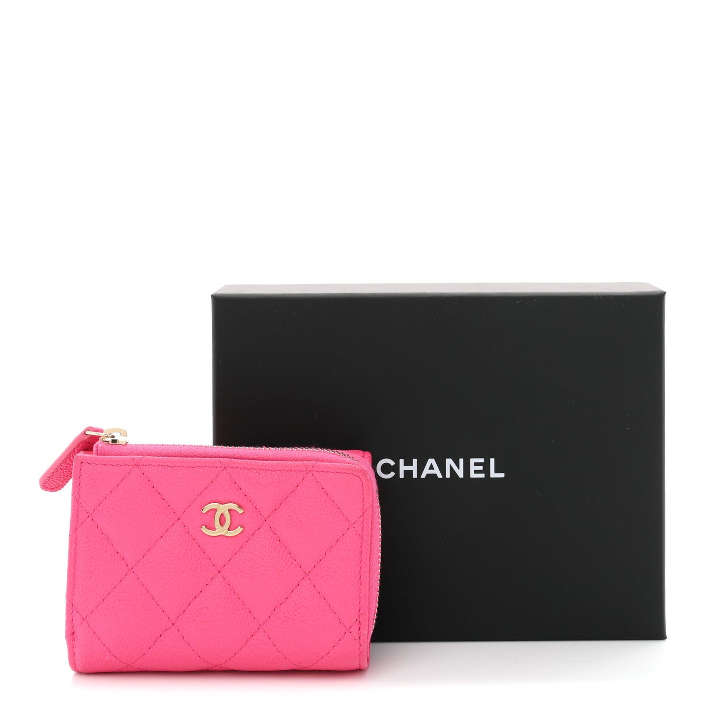 Caviar Quilted CC Zip Compact Trifold Wallet Pink