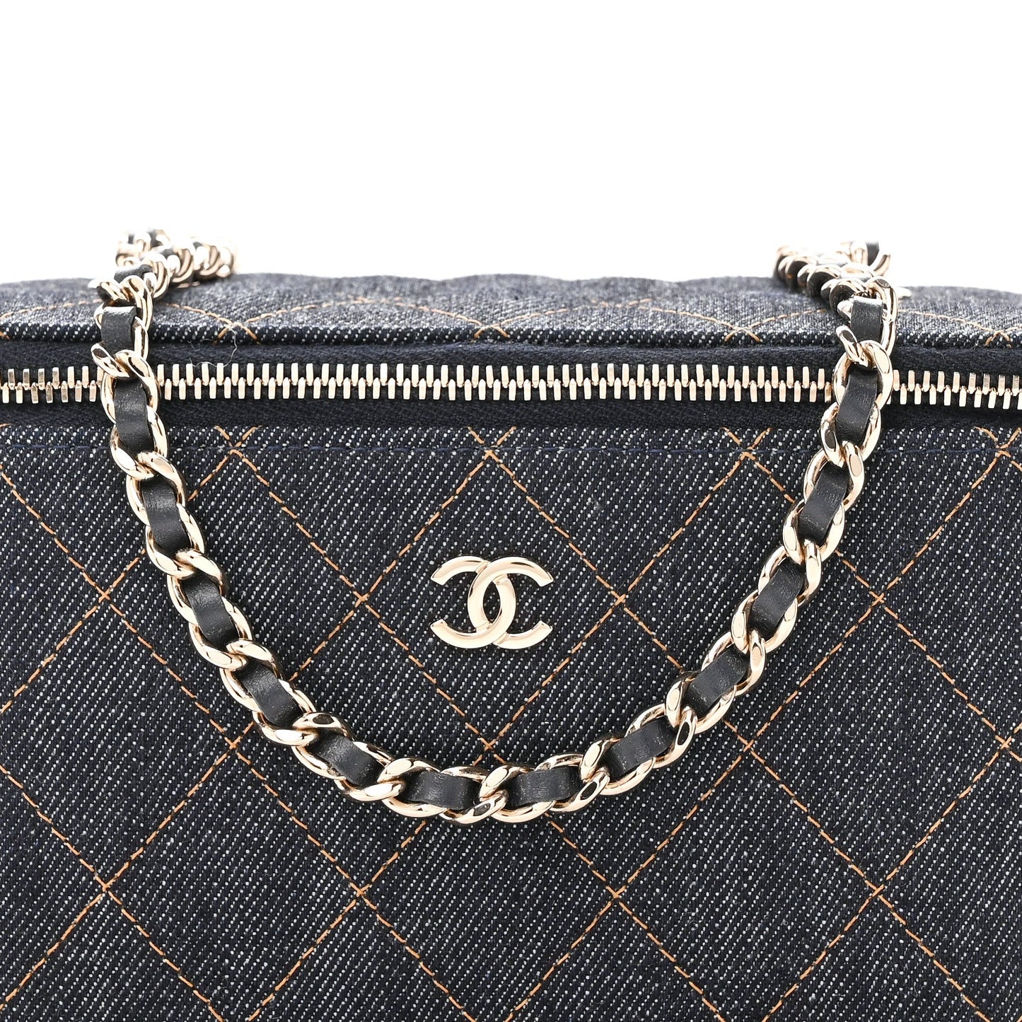 Denim Quilted Small Vanity Case With Chain Dark Blue Orange