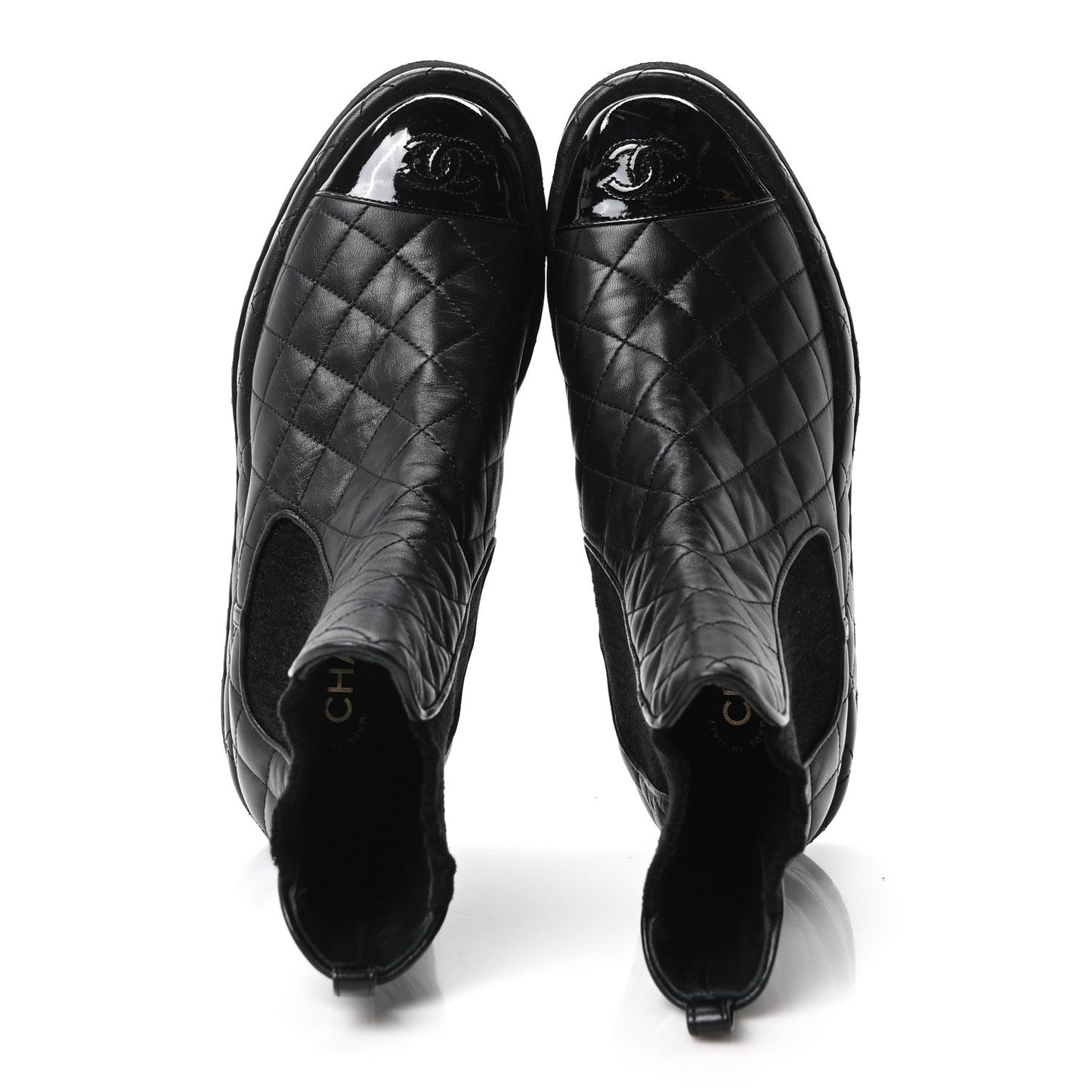 Lambskin Patent CC Cap Toe Quilted Short Platform Boots 39 Black