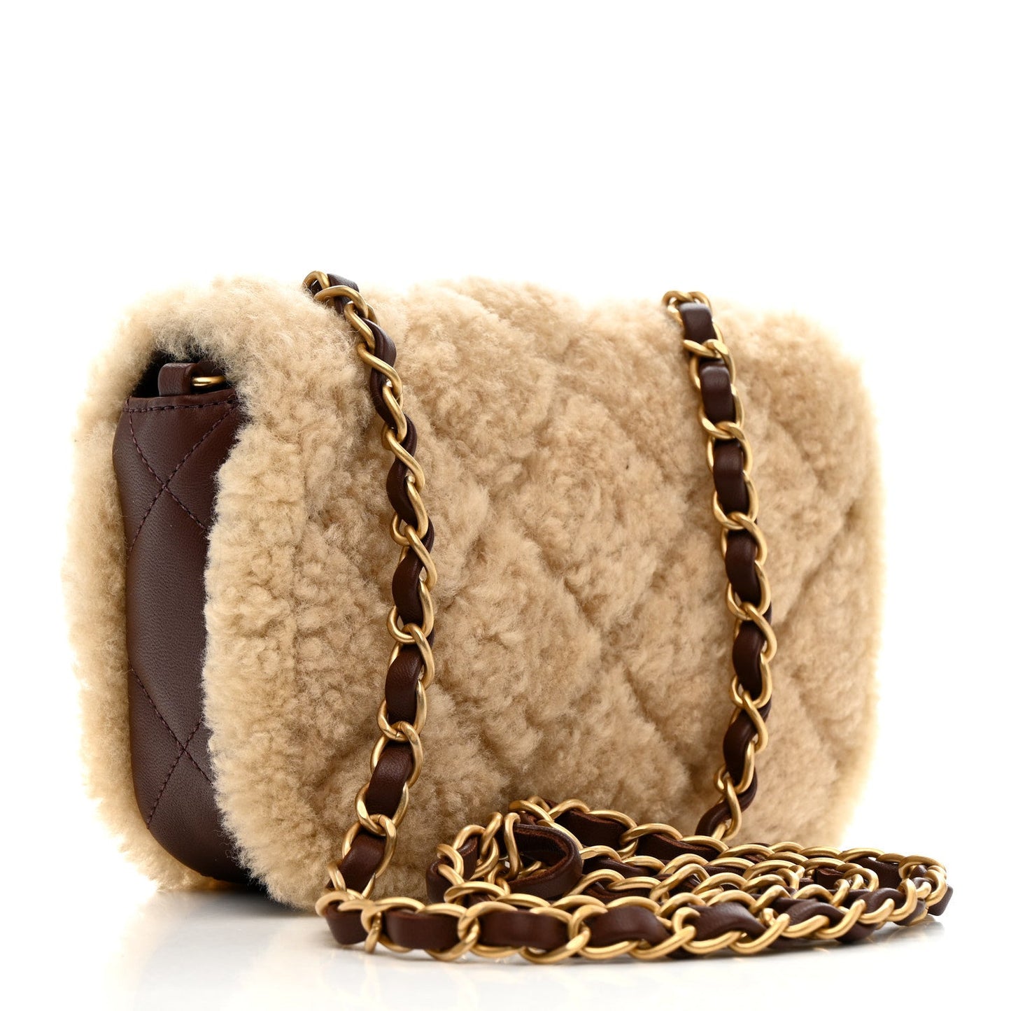 Shearling Lambskin Quilted Mini Furry Coco Flap Beige Dark Brown