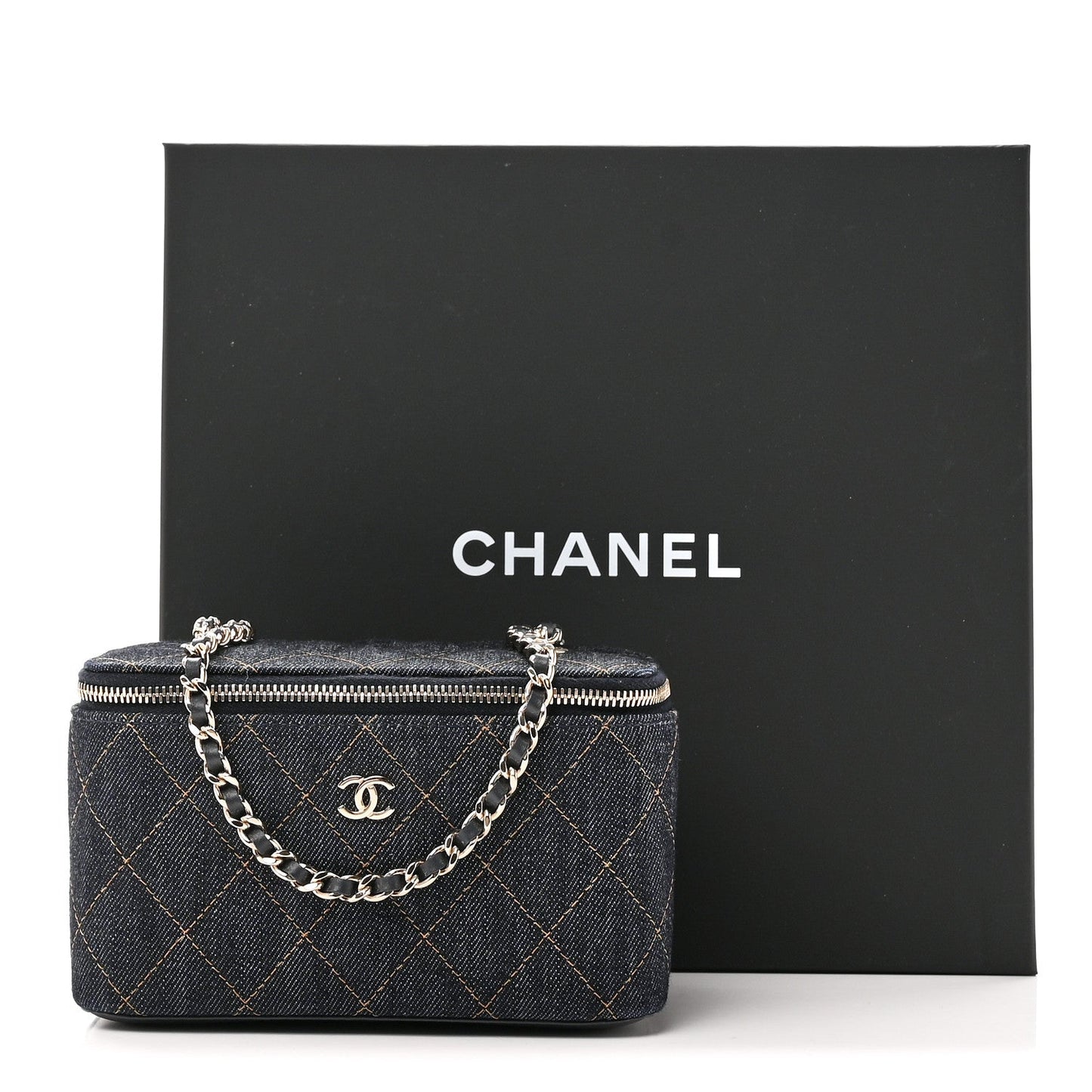 Denim Quilted Small Vanity Case With Chain Dark Blue Orange