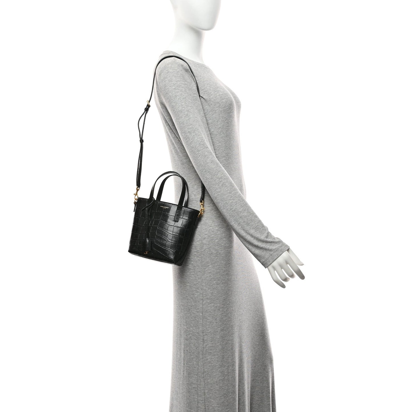 Calfskin Crocodile Embossed Paris Mini Toy Shopper Tote Black