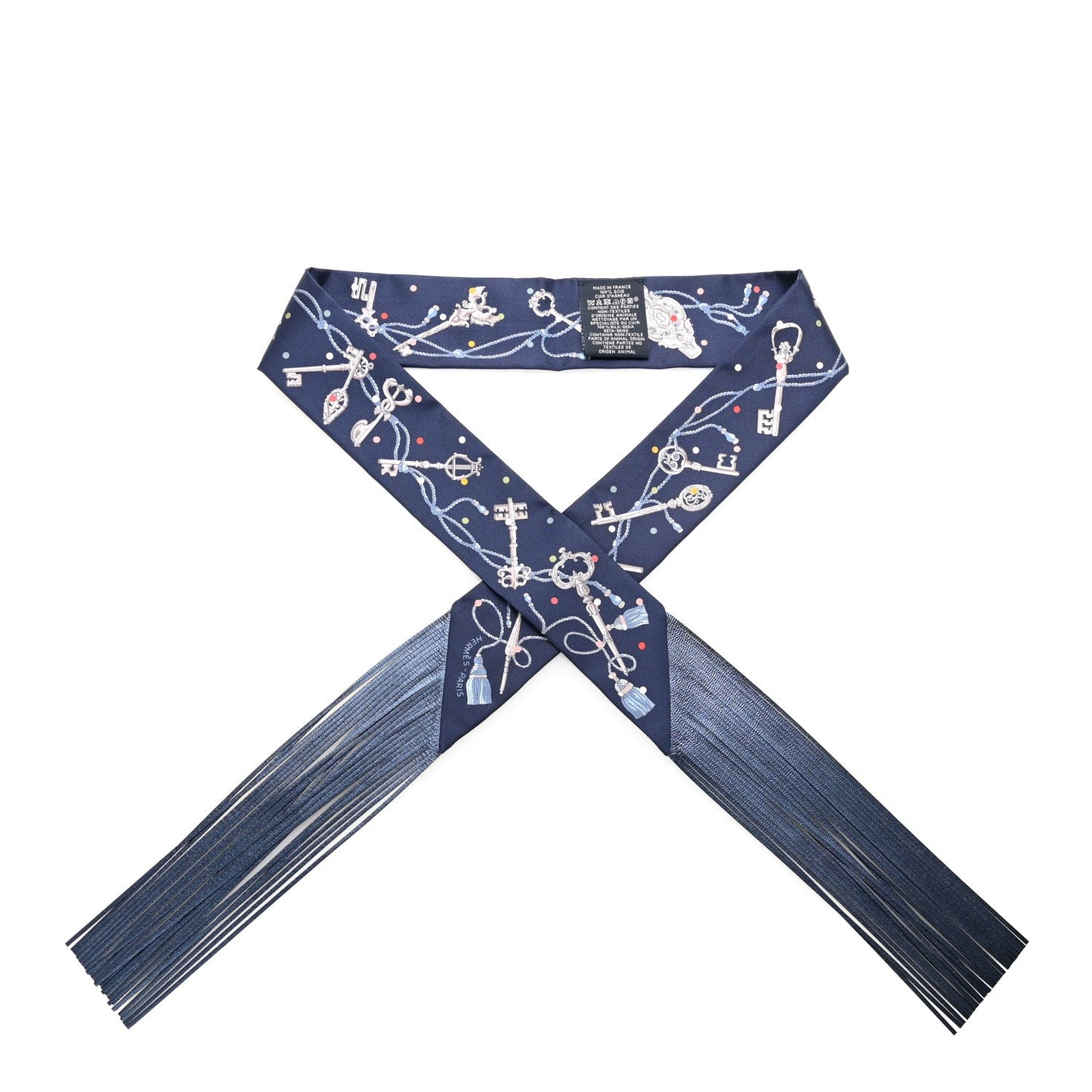 Silk Metallic Agneau Les Cles A Pois Fringed Twilly Bleu Marine Gris Argent Multicolor