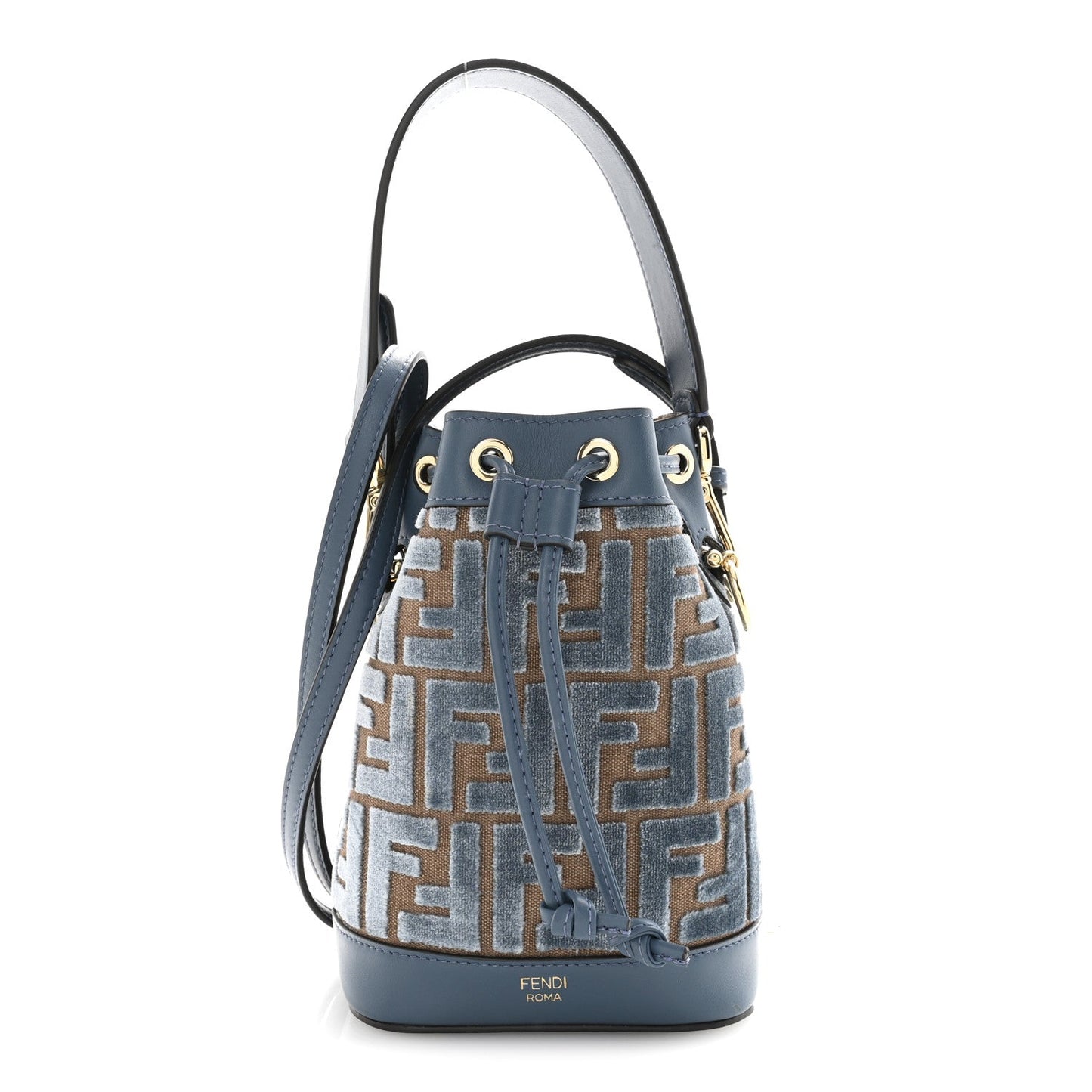 Vitello Grace Velluto FF Mini Mon Tresor Bucket Bag Dusty Blue Brown
