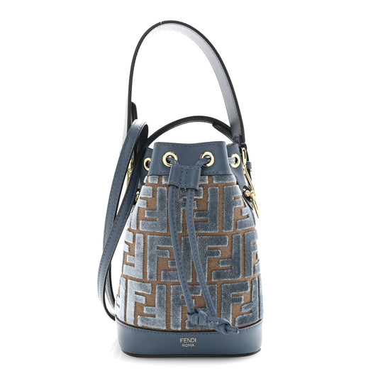 Vitello Grace Velluto FF Mini Mon Tresor Bucket Bag Dusty Blue Brown