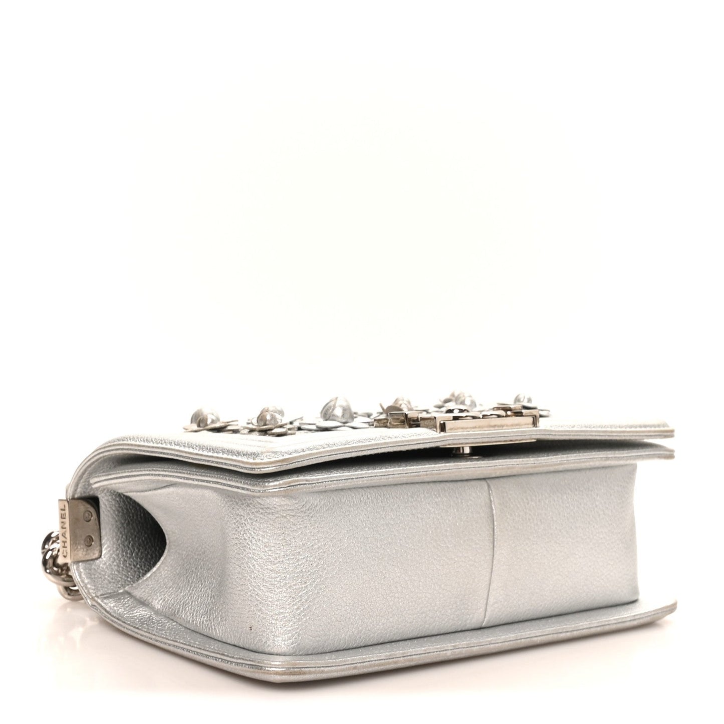 Metallic Calfskin Camellia Quilted Small Boy Flap Silver