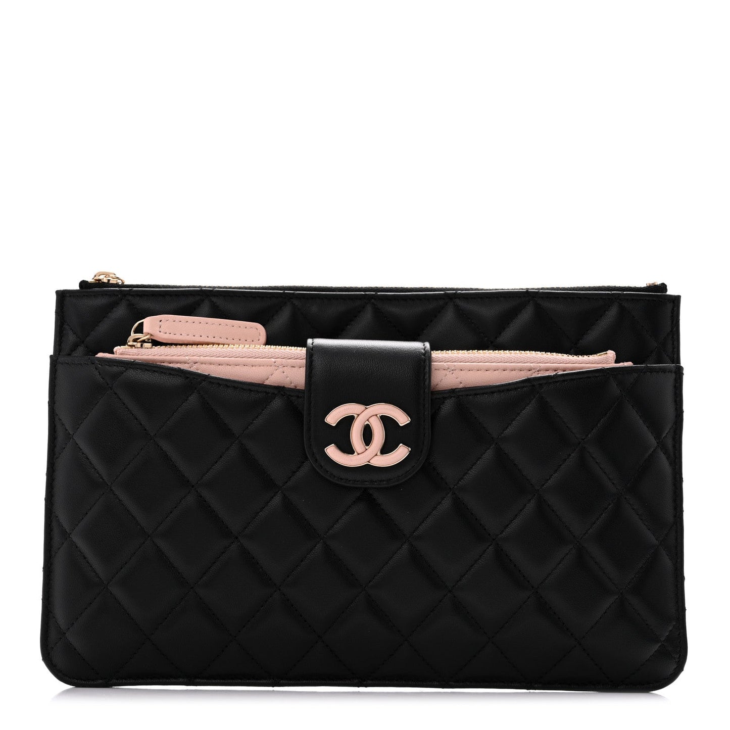 Lambskin Quilted Sunset Boulevard Pouch Case Black Pink