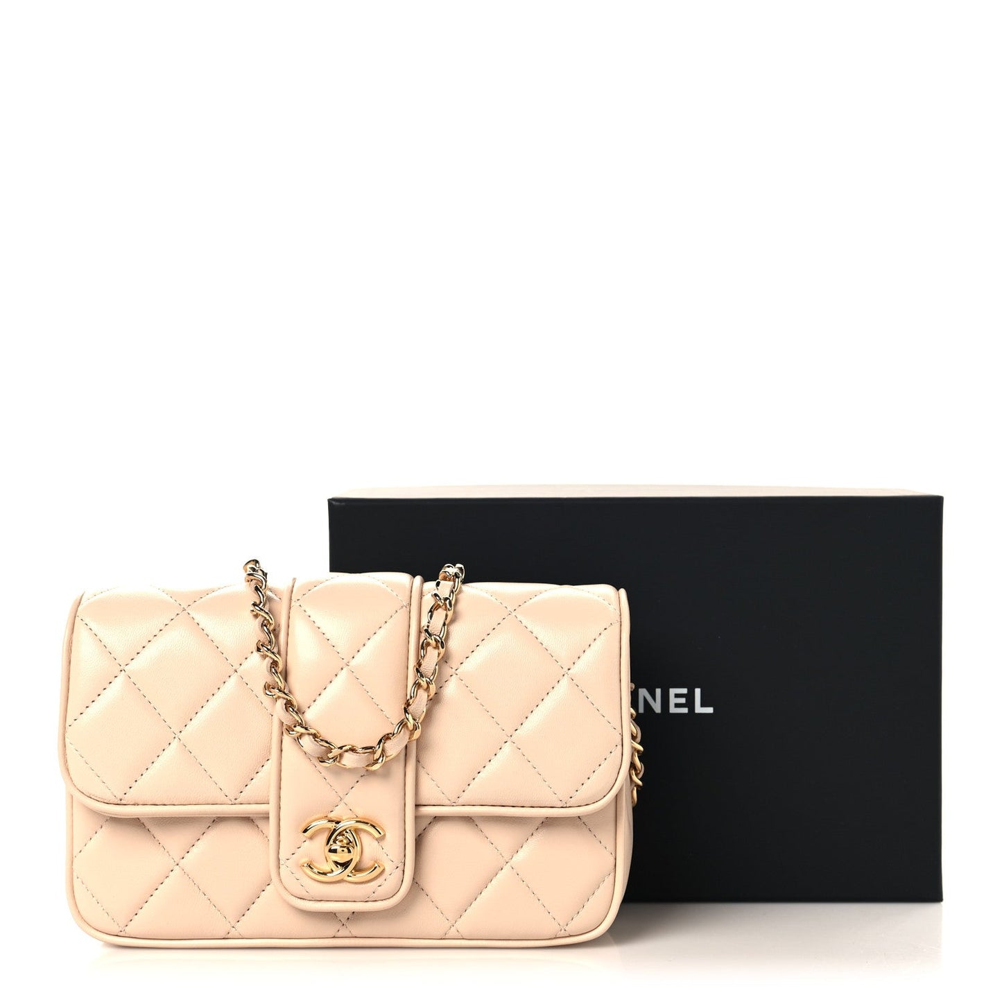 Lambskin Quilted Tab Mini Flap Beige