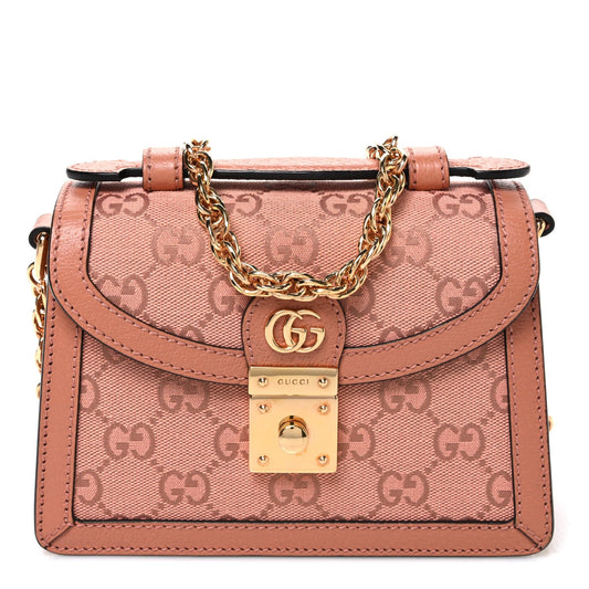 GG Monogram Textured Dollar Calfskin Mini Ophidia Padlock Top Handle Chain Shoulder Bag Cloche Rose Pink