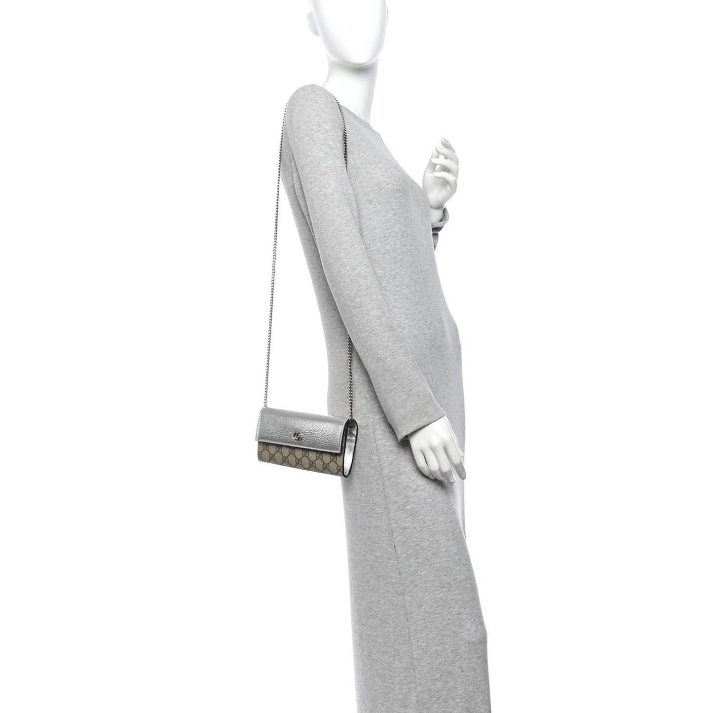 Metallic Calfskin GG Supreme Monogram Petite GG Marmont Wallet Chain Bag Silver Beige Ebony