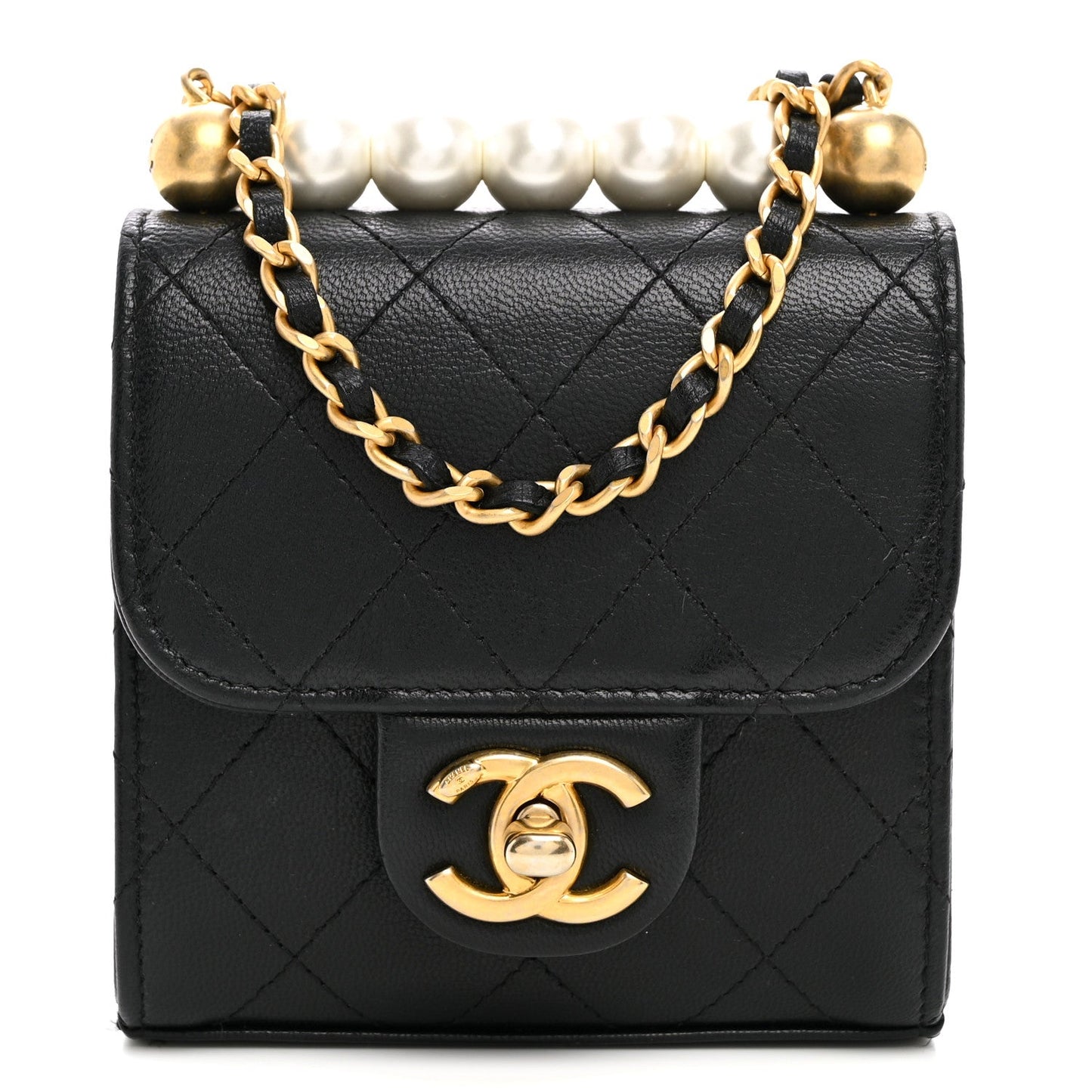 Goatskin Chic Pearls Clutch On Chain Black