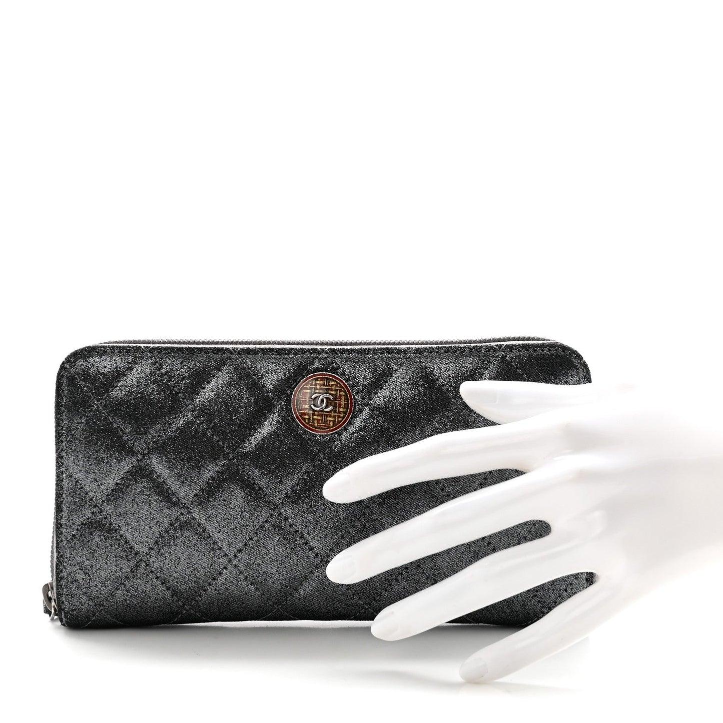 Iridescent Calfskin Quilted Tartan Button Zip Around Wallet Grey