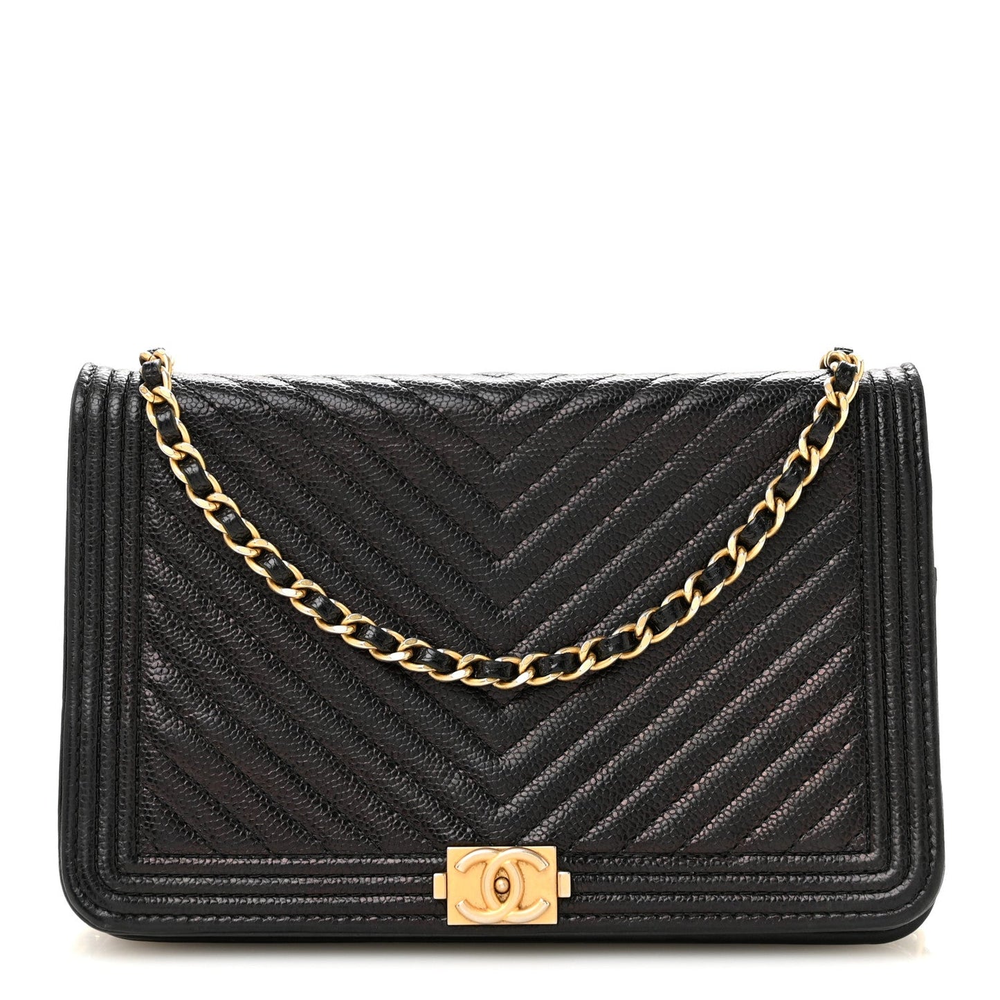Caviar Chevron Quilted Boy Wallet On Chain WOC Black