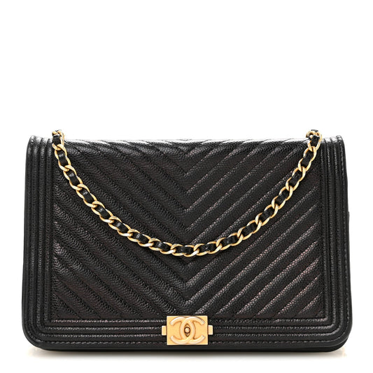 Caviar Chevron Quilted Boy Wallet On Chain WOC Black