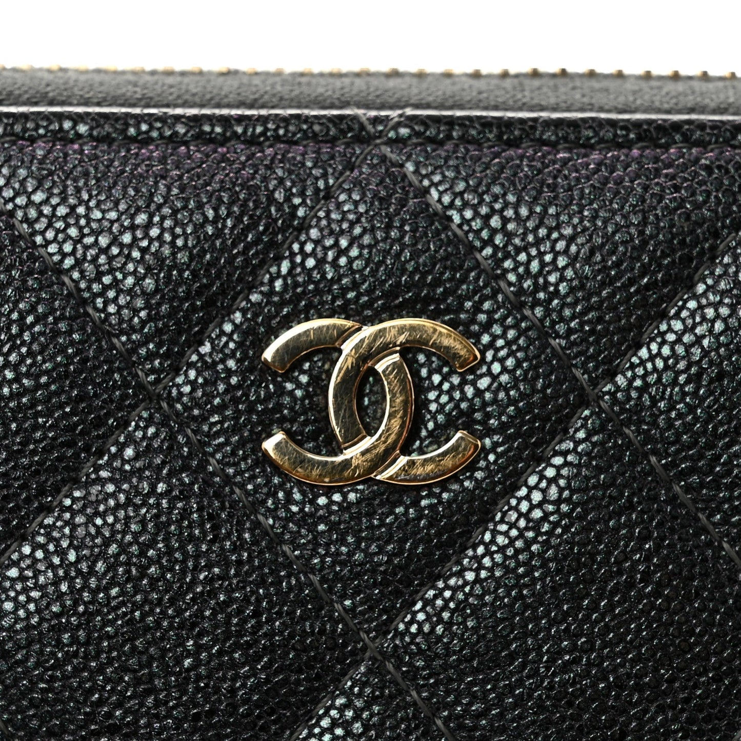 Iridescent Caviar Quilted Large Zip Around Organizer Wallet Black