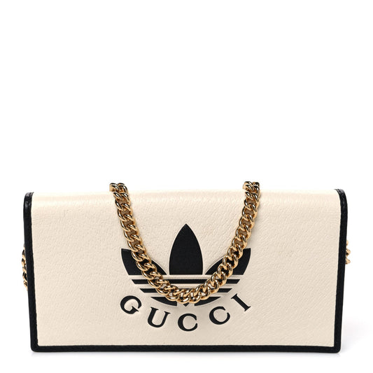X ADIDAS Textured Dollar Calfskin Trefoil Embossed Wallet On Chain Off White Black