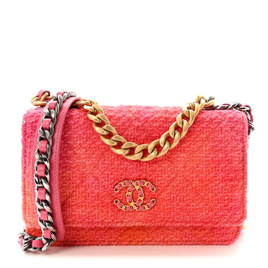 Wool Tweed Lambskin Quilted Chanel 19 Wallet On Chain WOC Coral Pink