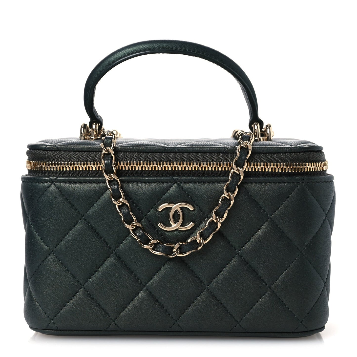 Iridescent Lambskin Quilted Small Top Handle Vanity Case With Chain Green