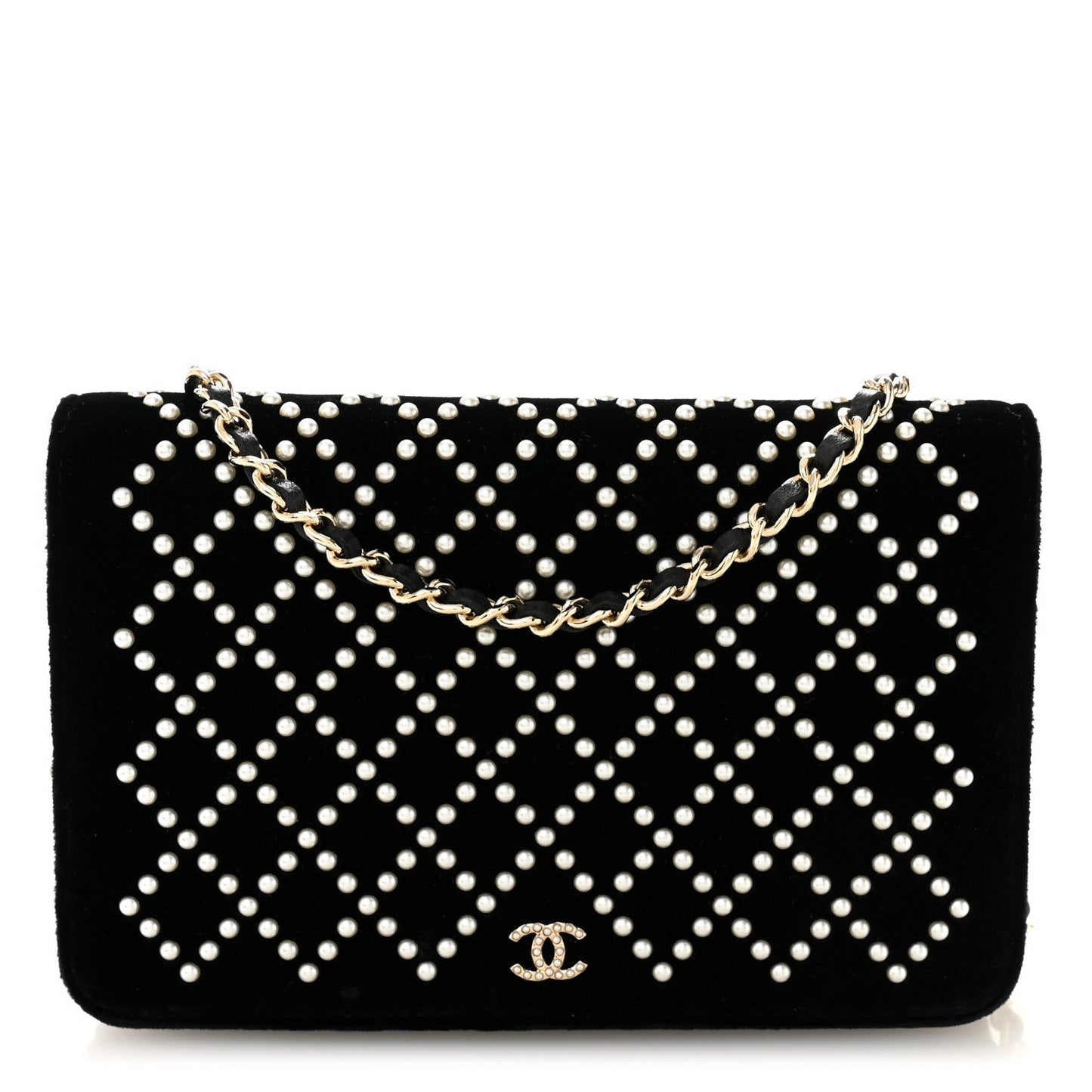 Velvet Pearl Diamond Embellished Wallet On Chain WOC Black