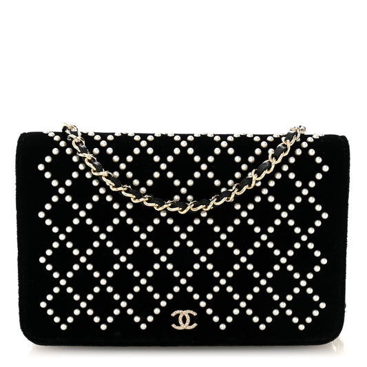Velvet Pearl Diamond Embellished Wallet On Chain WOC Black