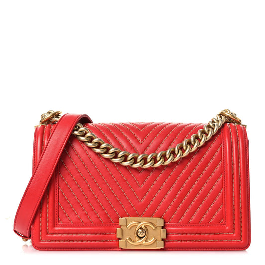 Lambskin Chevron Chain Stitched Medium Boy Flap Red