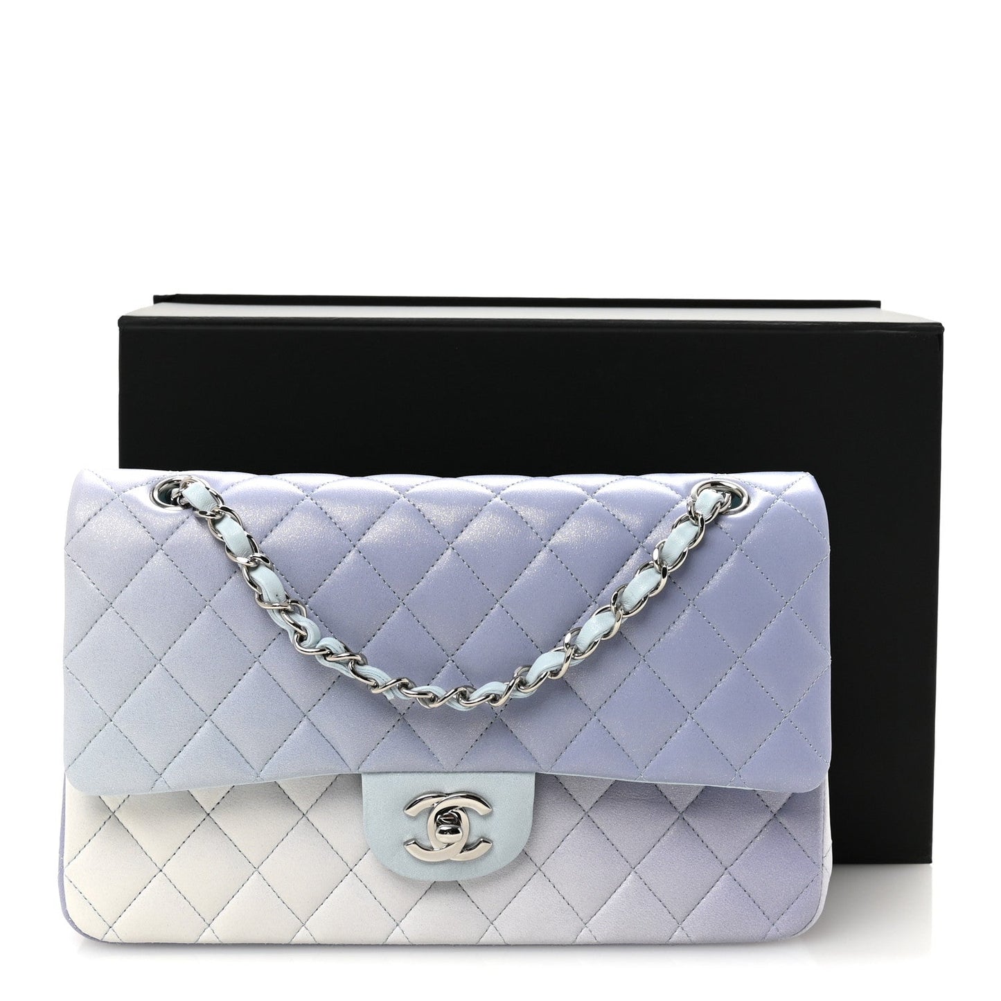 Perforated Lambskin Quilted Medium Double Flap Light Blue Light Purple White