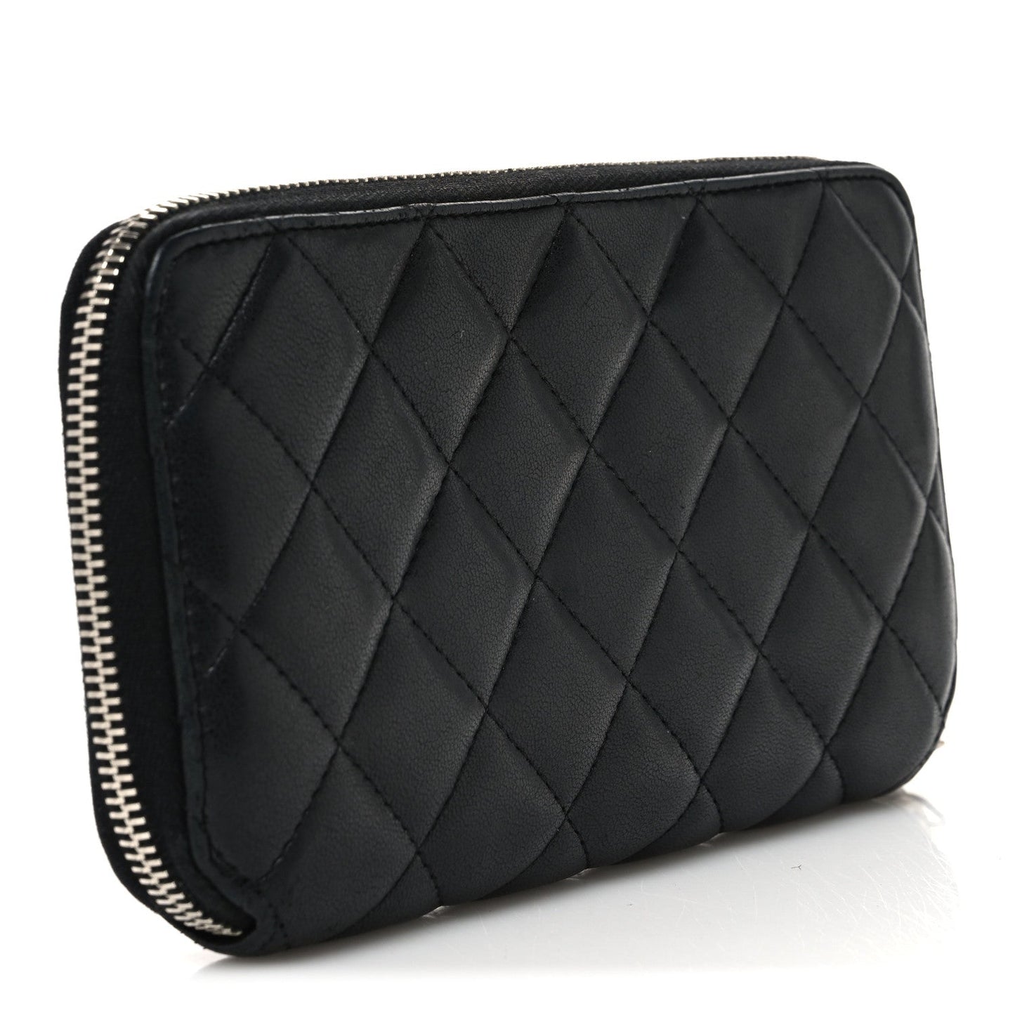 Lambskin Quilted Large Gusset Zip Around Wallet Black