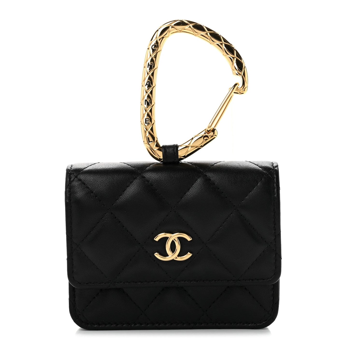 Lambskin Quilted CC Hook Card Holder Black