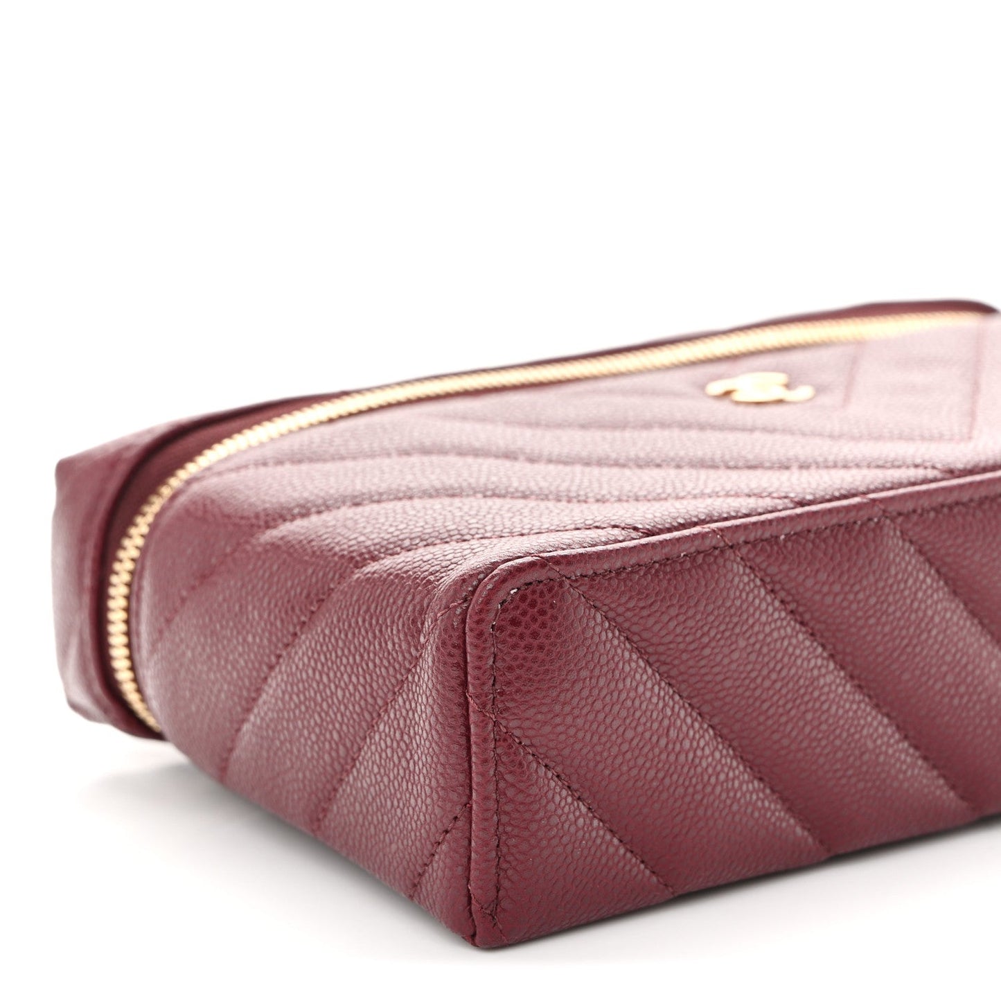 Caviar Chevron Quilted Top Handle Slim Vanity With Chain Burgundy