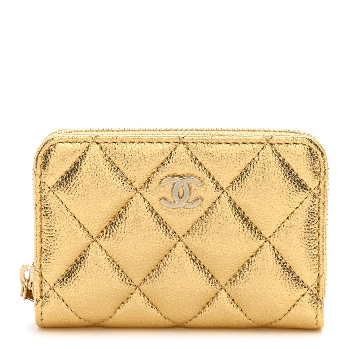 Metallic Caviar Quilted Zip Around Coin Purse Wallet  Gold