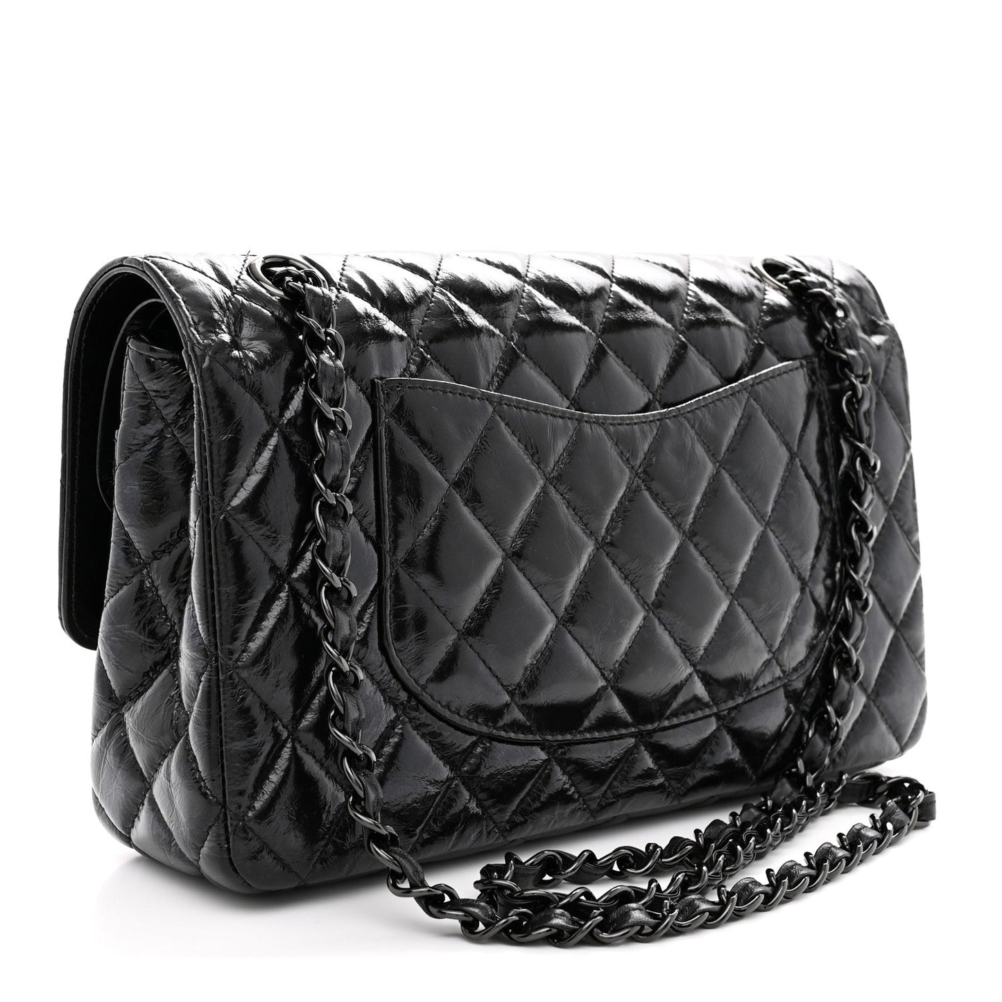 Shiny Crumpled Calfskin Quilted Medium Double Flap So Black