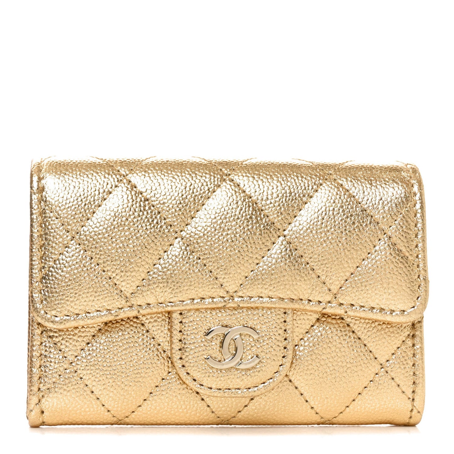 Metallic Caviar Quilted Flap Card Holder Wallet Gold