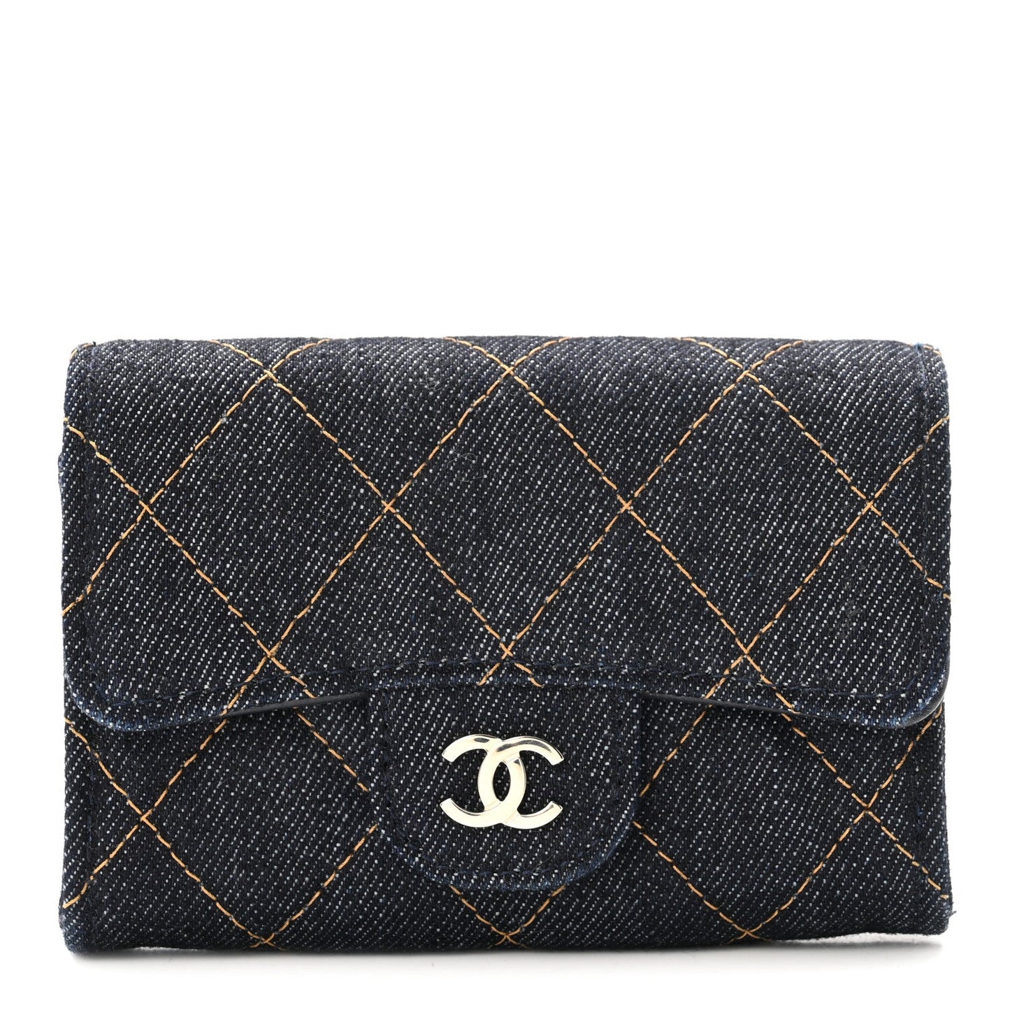 Denim Quilted Flap Card Holder Wallet Dark Blue Orange