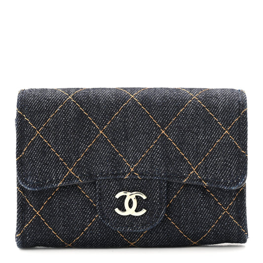 Denim Quilted Flap Card Holder Wallet Dark Blue Orange