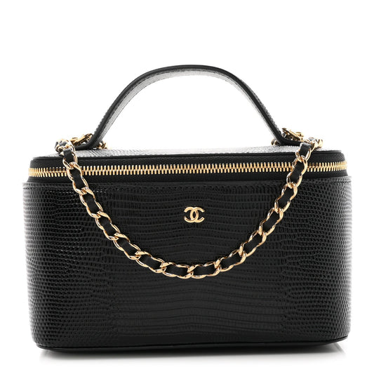 Calfskin Lizard Embossed Top Handle Vanity With Chain Black