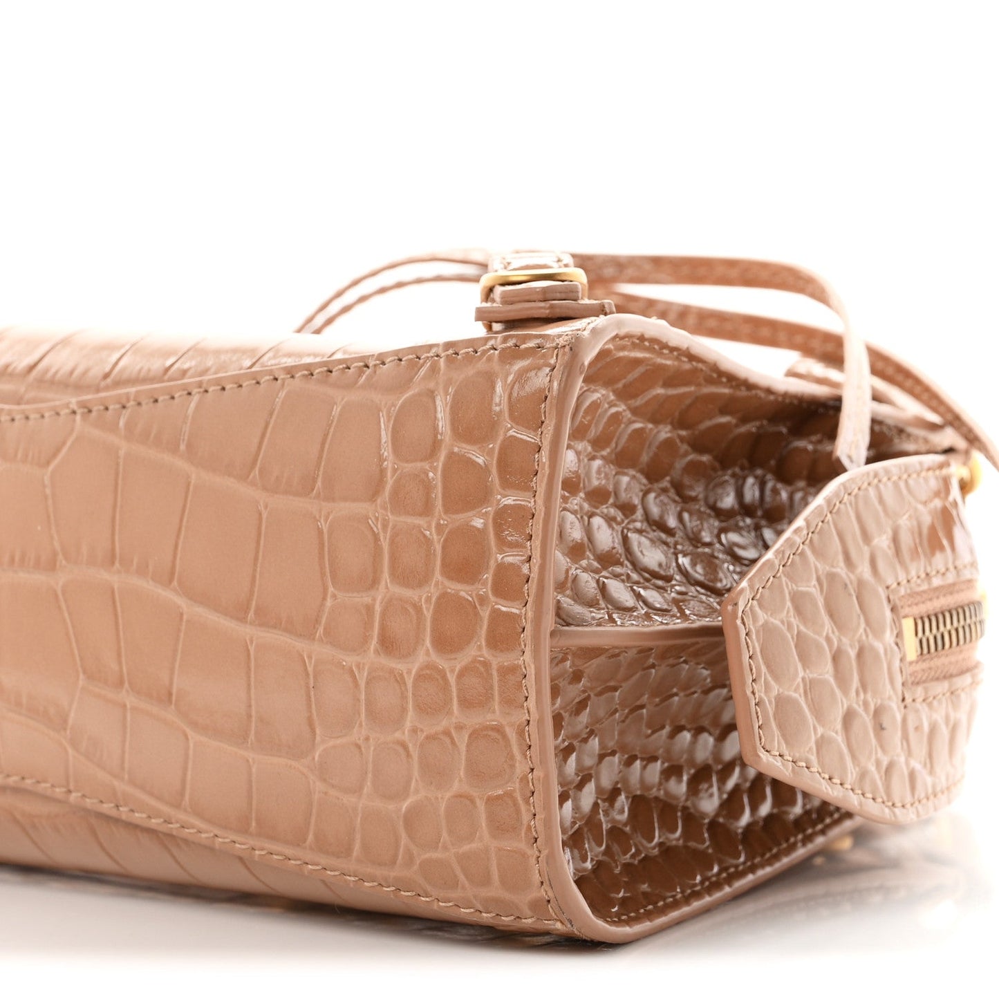 Shiny Supple Calfskin Crocodile Embossed Neo Classic Gold Hardware Mini City Nude Beige