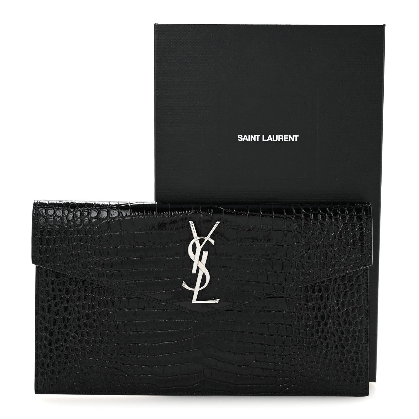 Calfskin Crocodile Embossed Uptown Monogram Clutch Black
