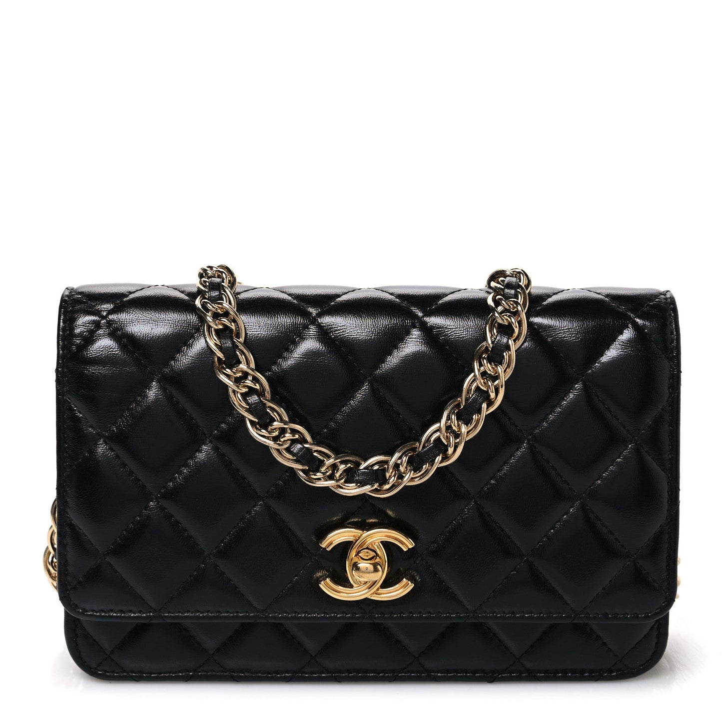 Shiny Lambskin Quilted Golden Links Wallet On Chain WOC Black