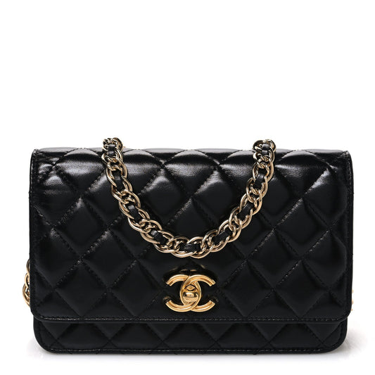 Shiny Lambskin Quilted Golden Links Wallet On Chain WOC Black