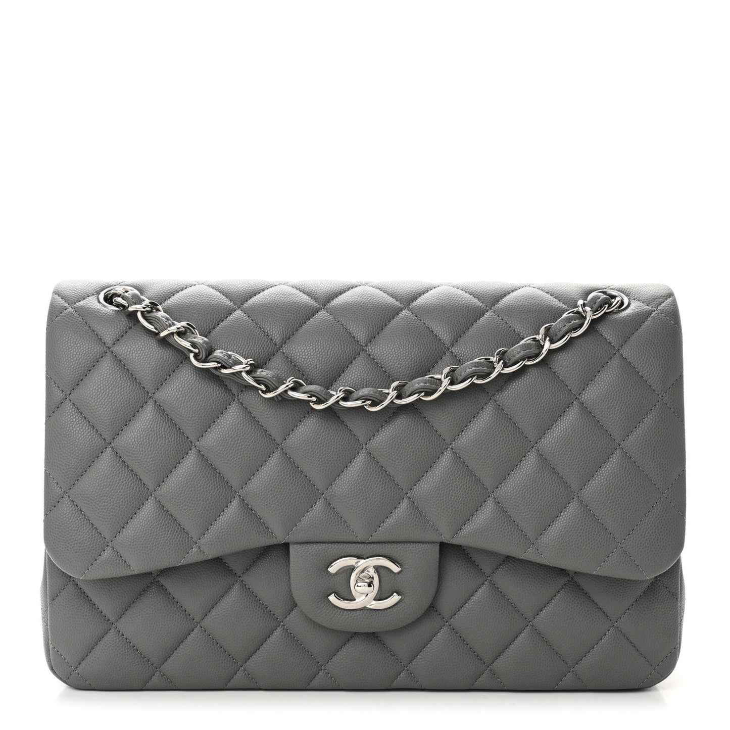 Caviar Quilted Jumbo Double Flap Grey