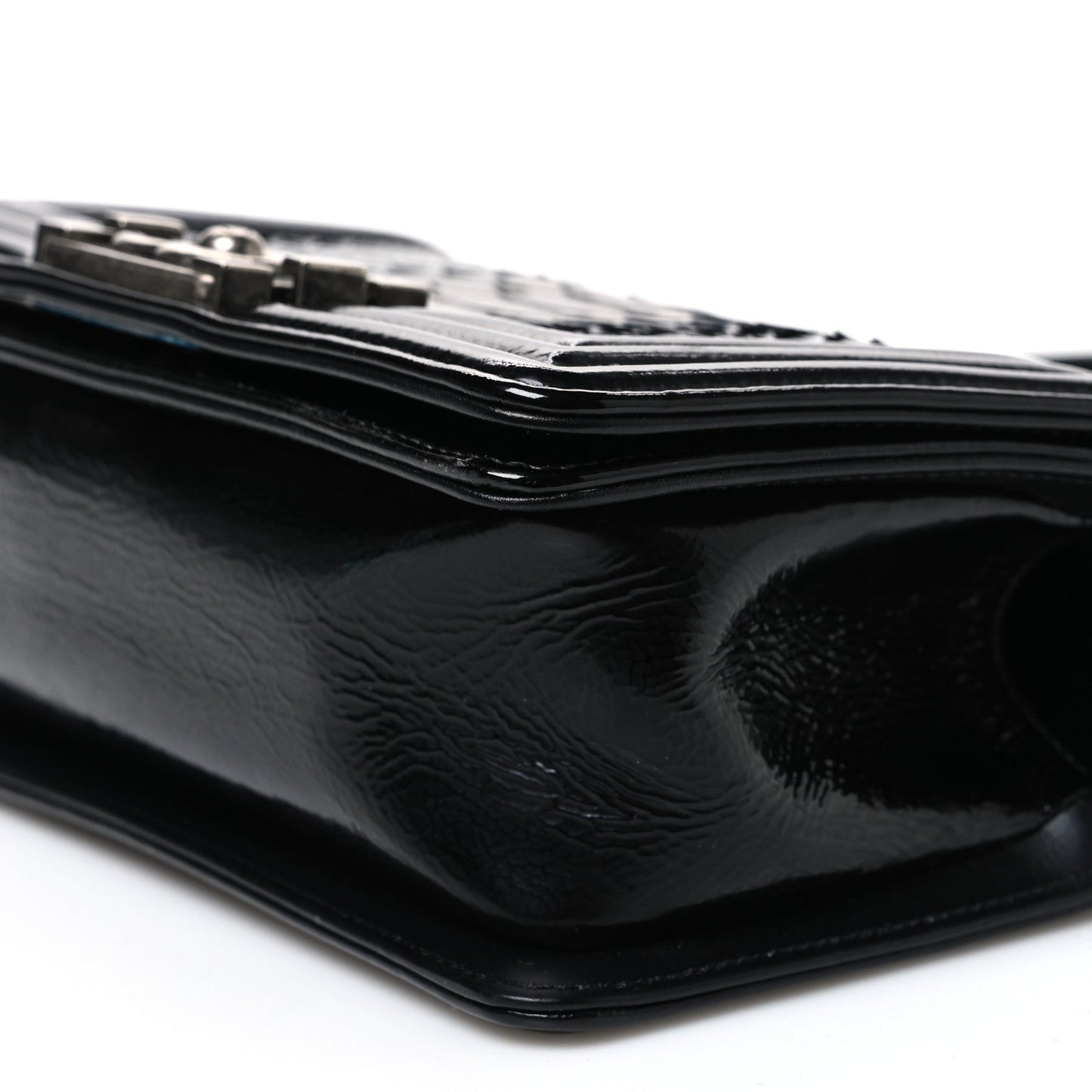 Patent Calfskin Snakeskin Small Boy Flap Black Silver