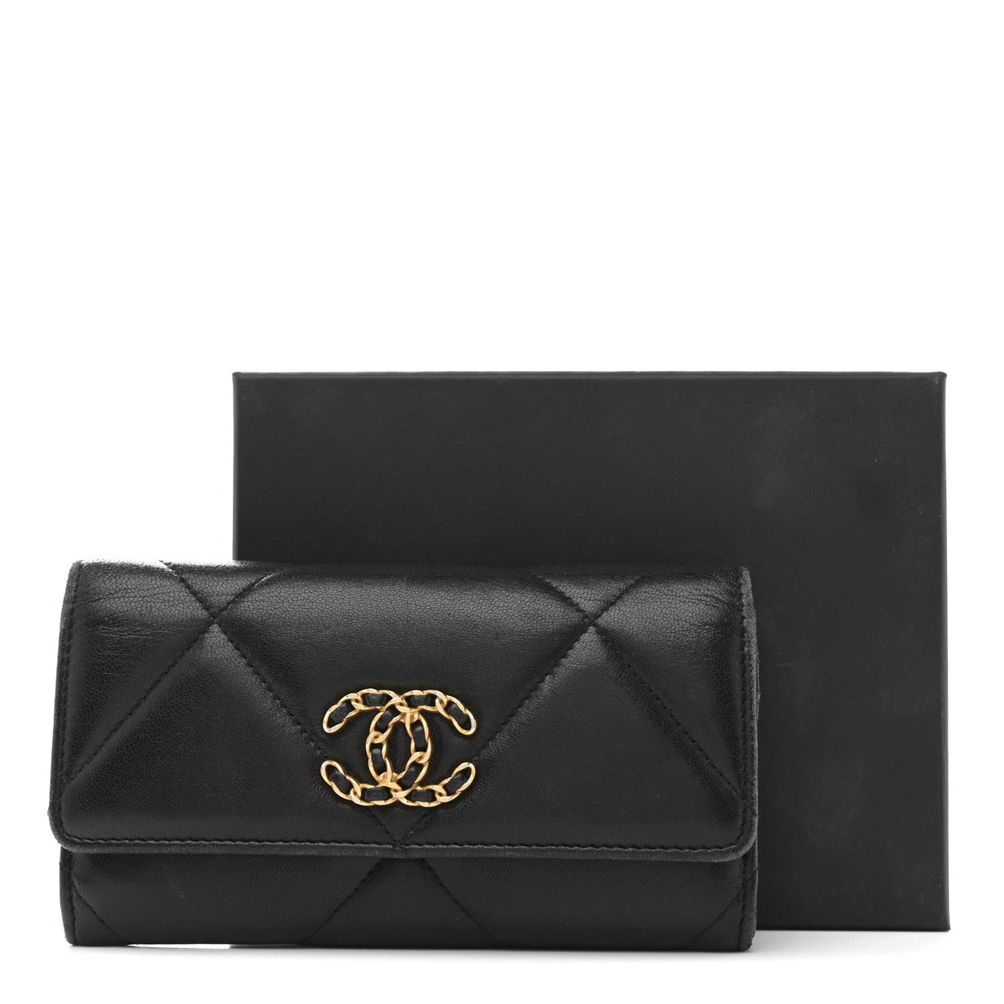 Shiny Goatskin Quilted Chanel 19 Flap Wallet Black
