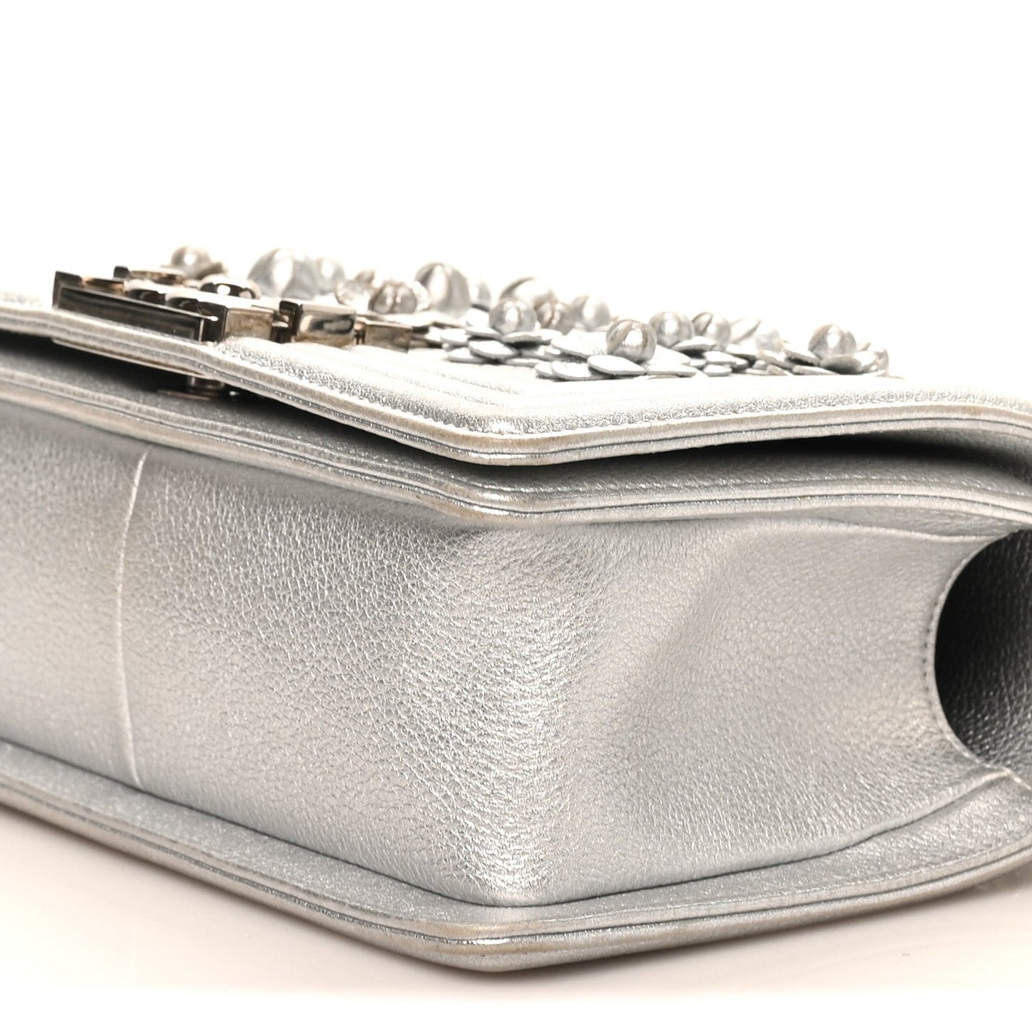 Metallic Calfskin Camellia Quilted Small Boy Flap Silver