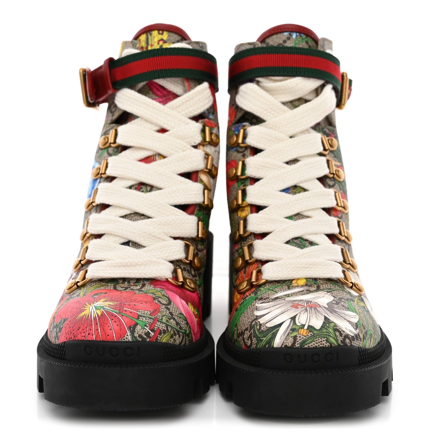 GG Supreme Monogram Flora Lace Up Combat Ankle Boots 36 Beige Multicolor Red