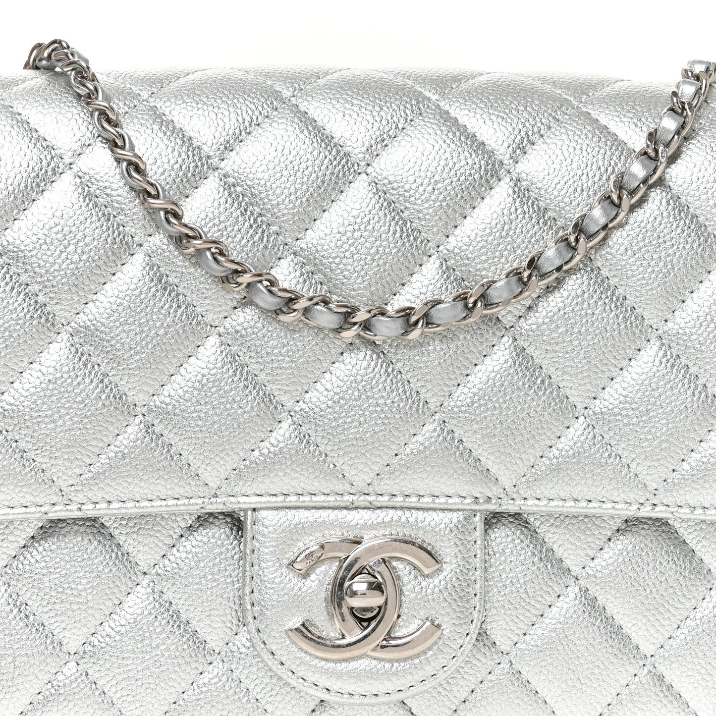 Metallic Caviar Quilted Medium CC Slide Flap Silver Silver