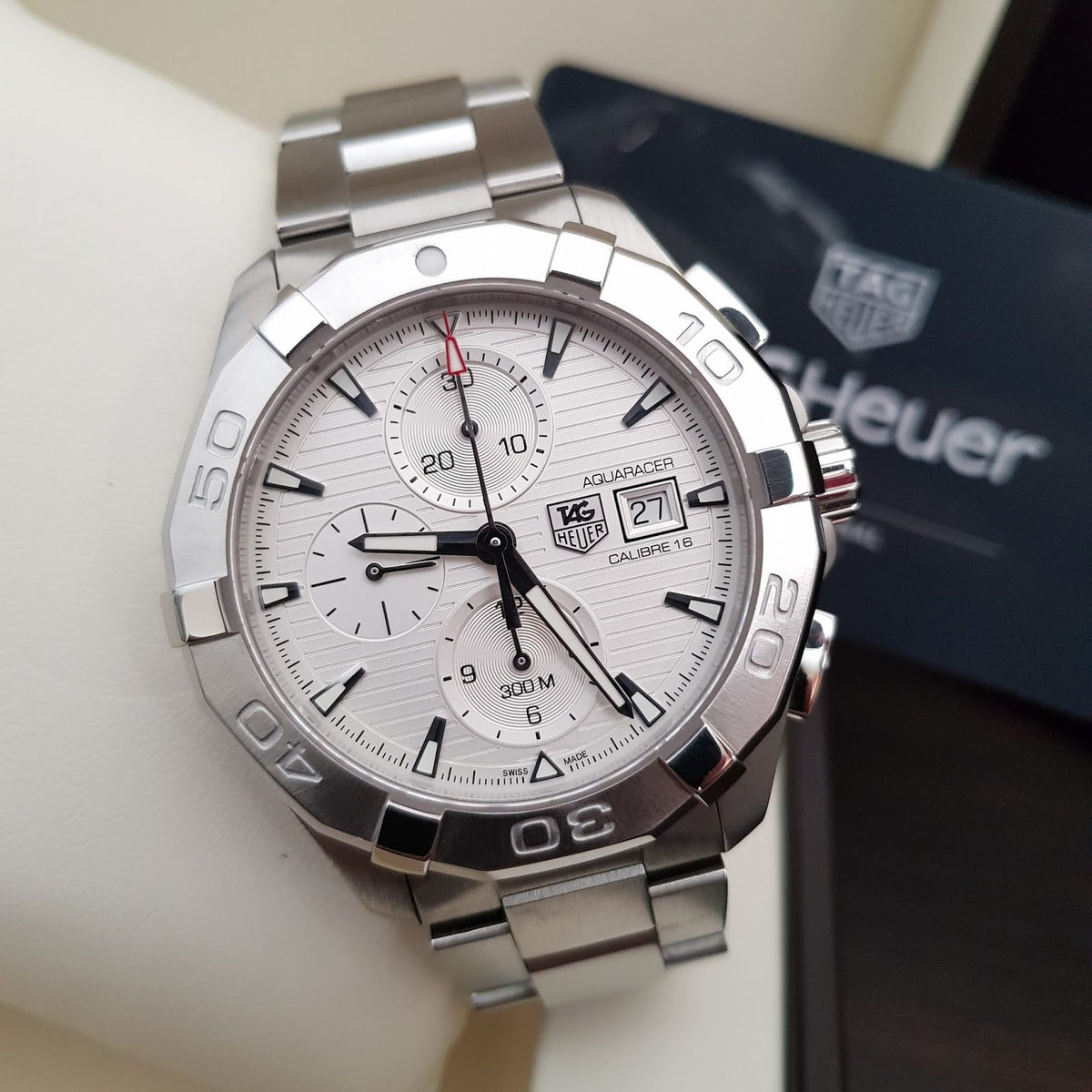 Tag Heuer Aquaracer Caliber 16 Automatic Chronograph White Dial Silver Steel Strap Watch for Men - CAY2111.BA0927